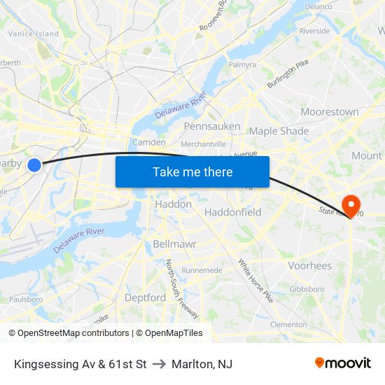 Kingsessing Av & 61st St to Marlton, NJ map