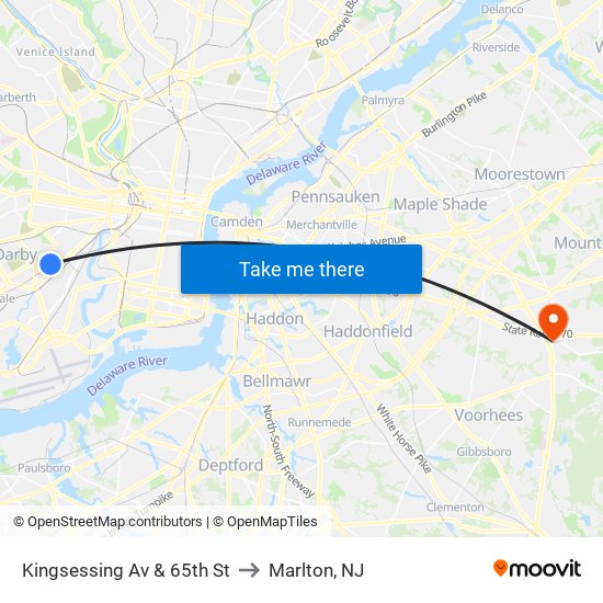Kingsessing Av & 65th St to Marlton, NJ map
