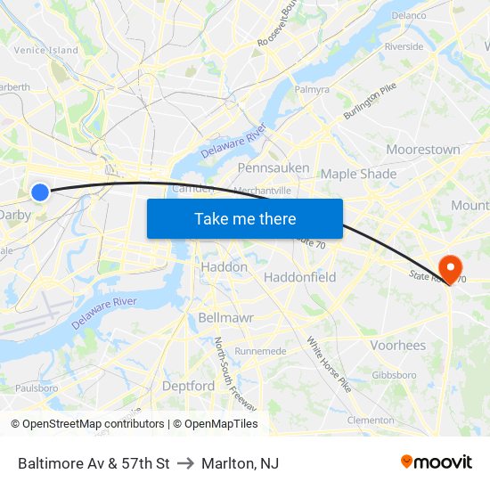 Baltimore Av & 57th St to Marlton, NJ map