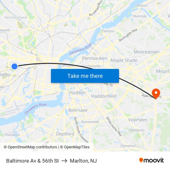 Baltimore Av & 56th St to Marlton, NJ map