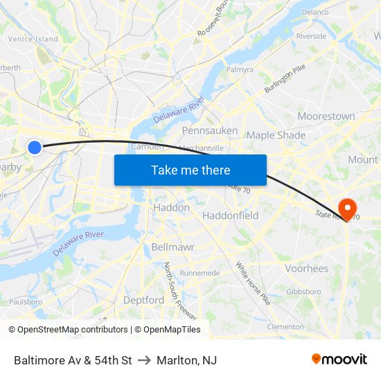 Baltimore Av & 54th St to Marlton, NJ map