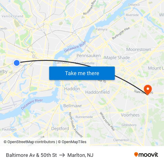 Baltimore Av & 50th St to Marlton, NJ map