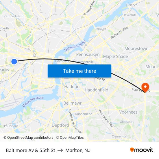 Baltimore Av & 55th St to Marlton, NJ map