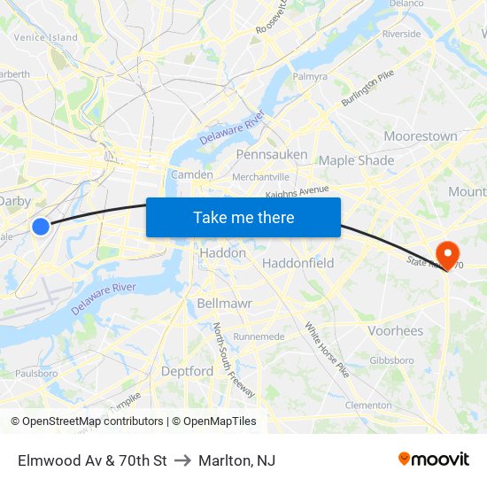 Elmwood Av & 70th St to Marlton, NJ map