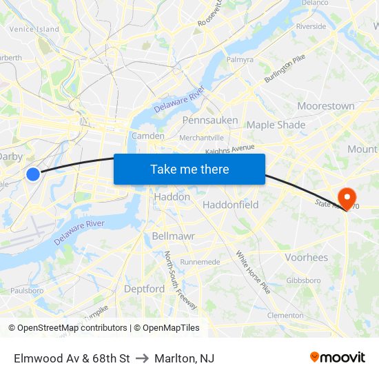 Elmwood Av & 68th St to Marlton, NJ map