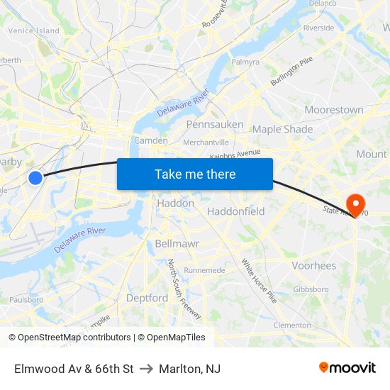 Elmwood Av & 66th St to Marlton, NJ map