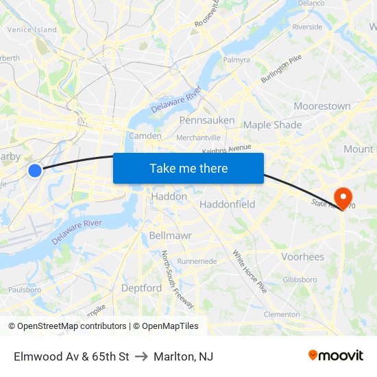 Elmwood Av & 65th St to Marlton, NJ map