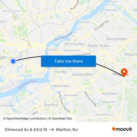 Elmwood Av & 63rd St to Marlton, NJ map
