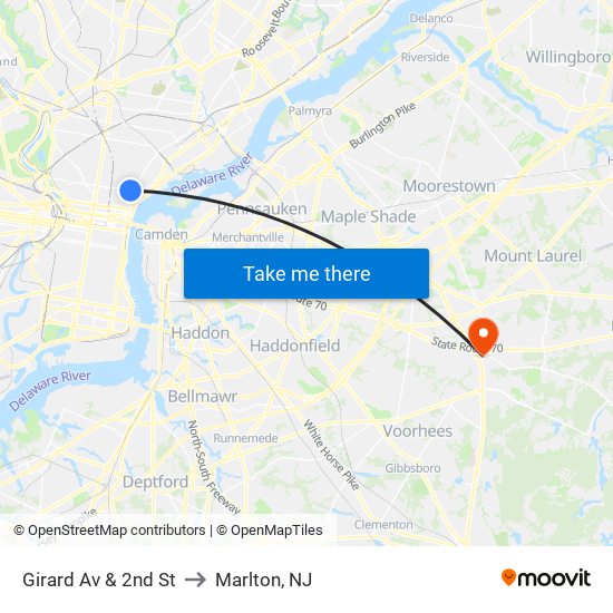 Girard Av & 2nd St to Marlton, NJ map