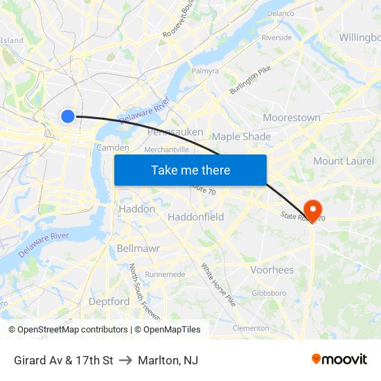 Girard Av & 17th St to Marlton, NJ map