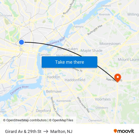 Girard Av & 29th St to Marlton, NJ map