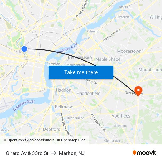 Girard Av & 33rd St to Marlton, NJ map