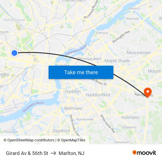 Girard Av & 56th St to Marlton, NJ map