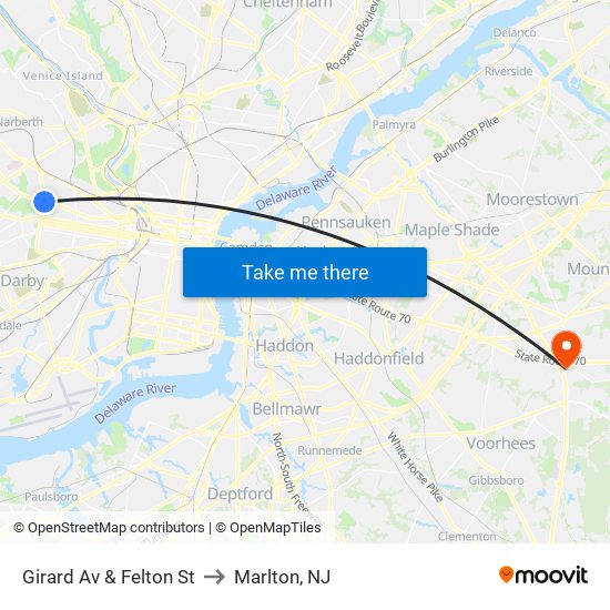 Girard Av & Felton St to Marlton, NJ map