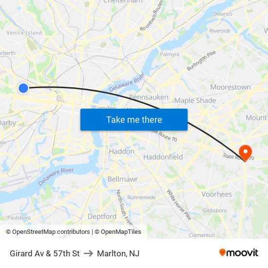 Girard Av & 57th St to Marlton, NJ map