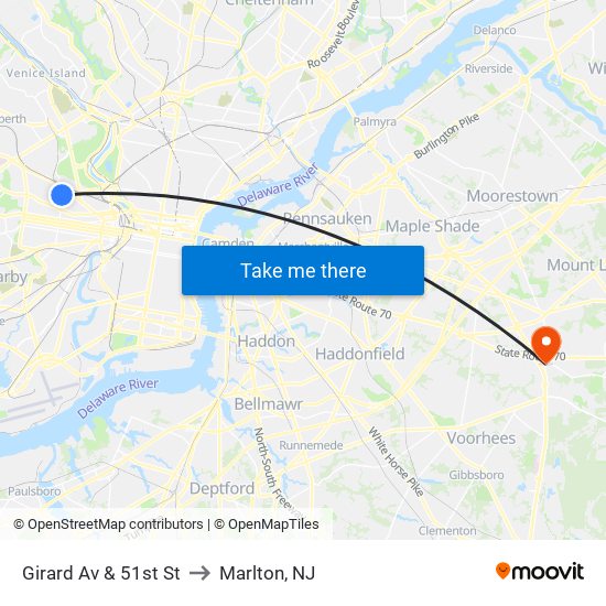 Girard Av & 51st St to Marlton, NJ map