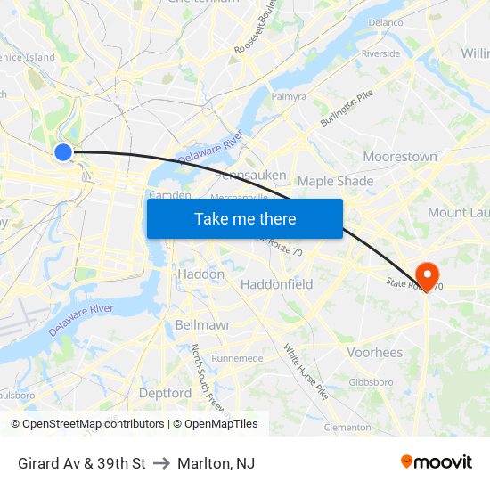 Girard Av & 39th St to Marlton, NJ map