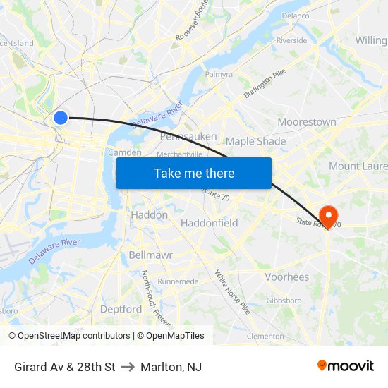 Girard Av & 28th St to Marlton, NJ map
