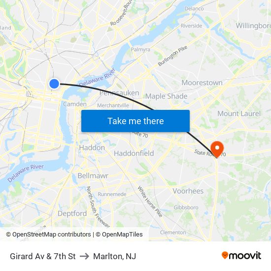 Girard Av & 7th St to Marlton, NJ map