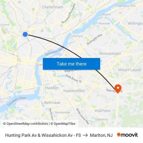 Hunting Park Av & Wissahickon Av - FS to Marlton, NJ map