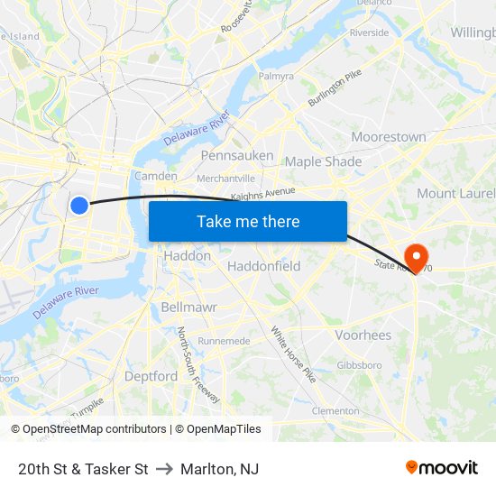 20th St & Tasker St to Marlton, NJ map