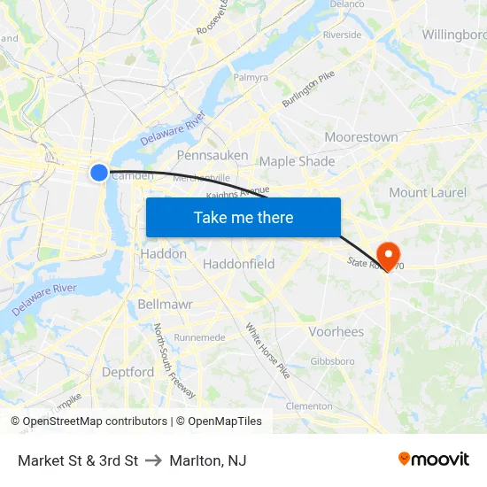 Market St & 3rd St to Marlton, NJ map