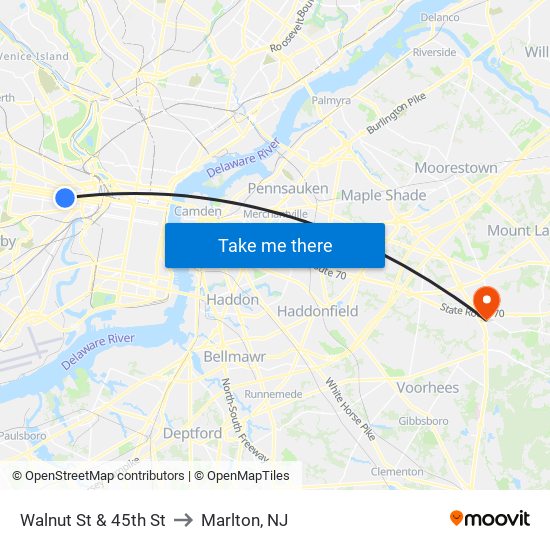 Walnut St & 45th St to Marlton, NJ map