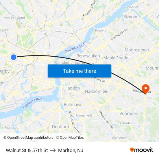 Walnut St & 57th St to Marlton, NJ map