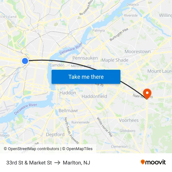 33rd St & Market St to Marlton, NJ map