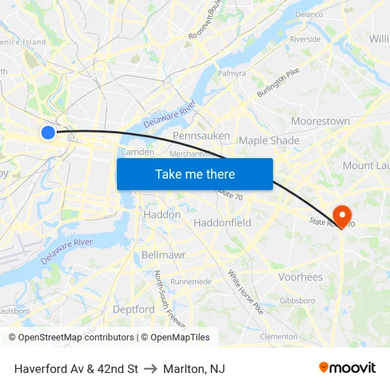 Haverford Av & 42nd St to Marlton, NJ map