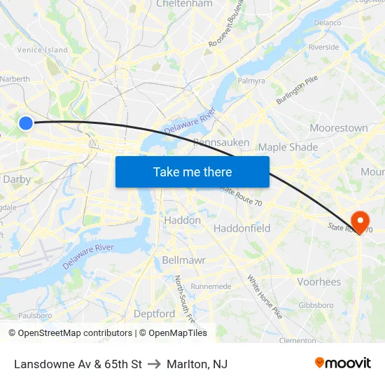 Lansdowne Av & 65th St to Marlton, NJ map