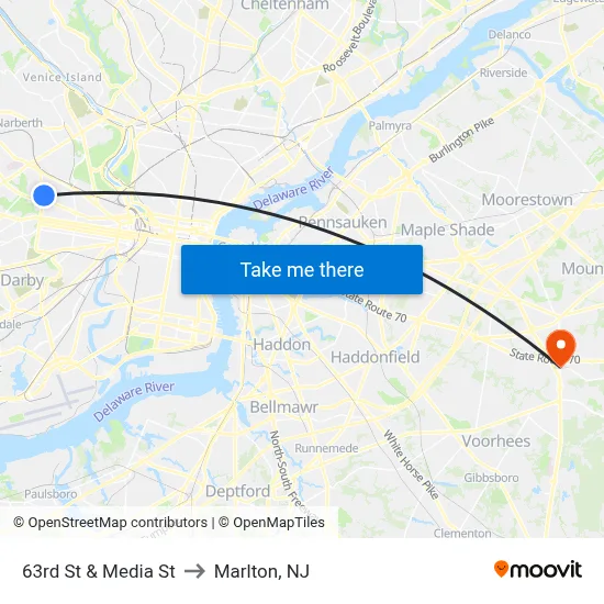 63rd St & Media St to Marlton, NJ map
