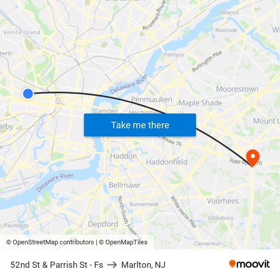 52nd St & Parrish St - Fs to Marlton, NJ map