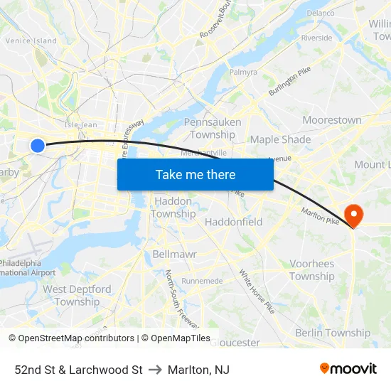 52nd St & Larchwood St to Marlton, NJ map