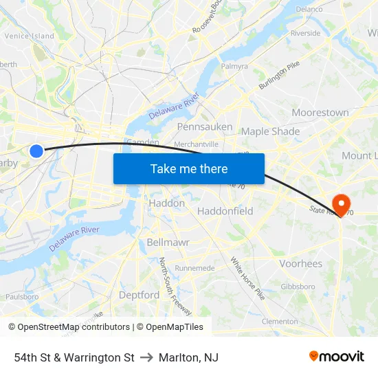 54th St & Warrington St to Marlton, NJ map