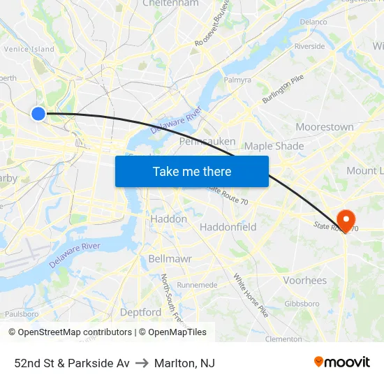52nd St & Parkside Av to Marlton, NJ map
