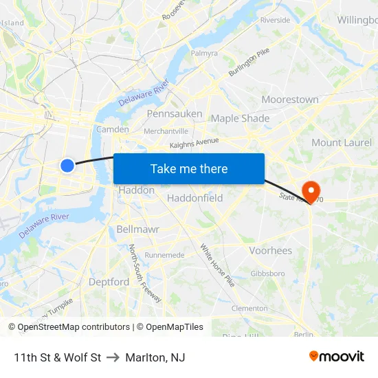 11th St & Wolf St to Marlton, NJ map