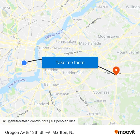 Oregon Av & 13th St to Marlton, NJ map