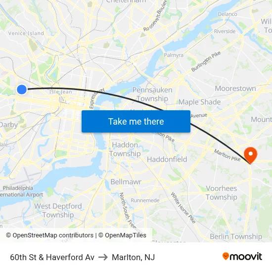 60th St & Haverford Av to Marlton, NJ map