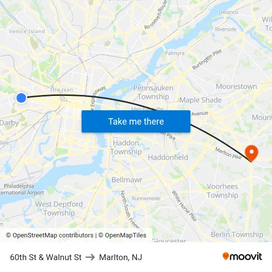 60th St & Walnut St to Marlton, NJ map