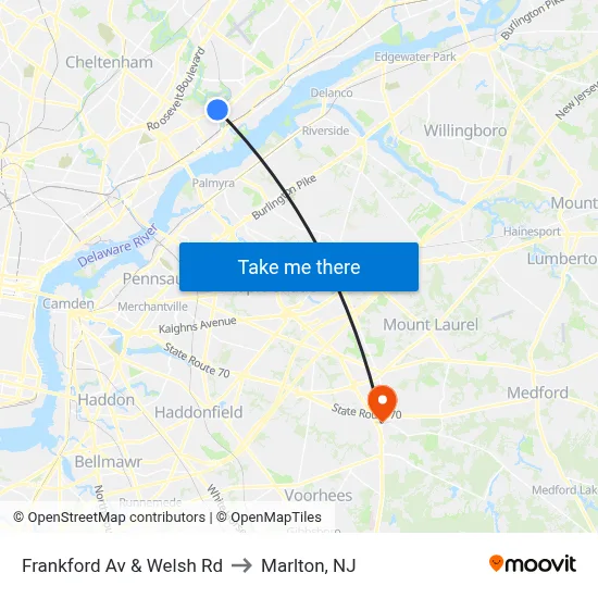 Frankford Av & Welsh Rd to Marlton, NJ map