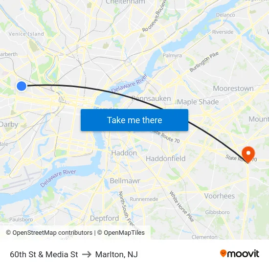 60th St & Media St to Marlton, NJ map