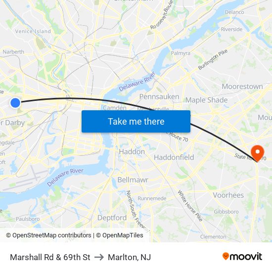 Marshall Rd & 69th St to Marlton, NJ map