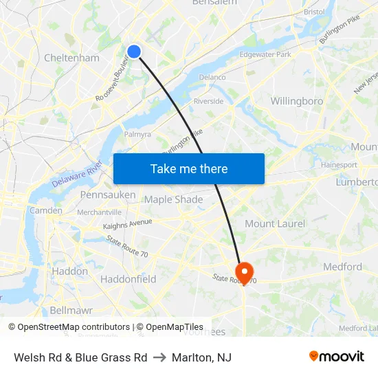 Welsh Rd & Blue Grass Rd to Marlton, NJ map