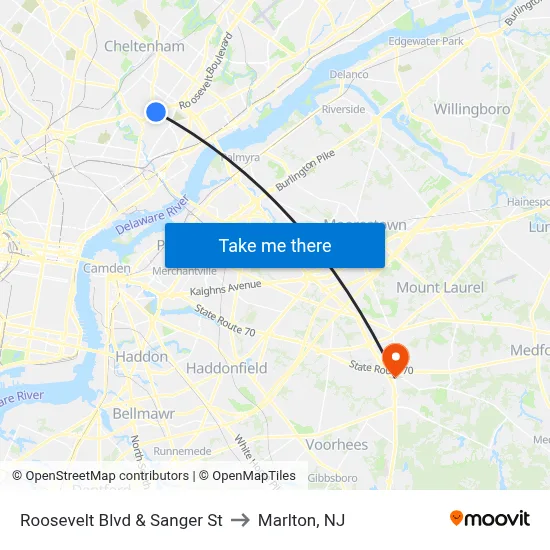 Roosevelt Blvd & Sanger St to Marlton, NJ map