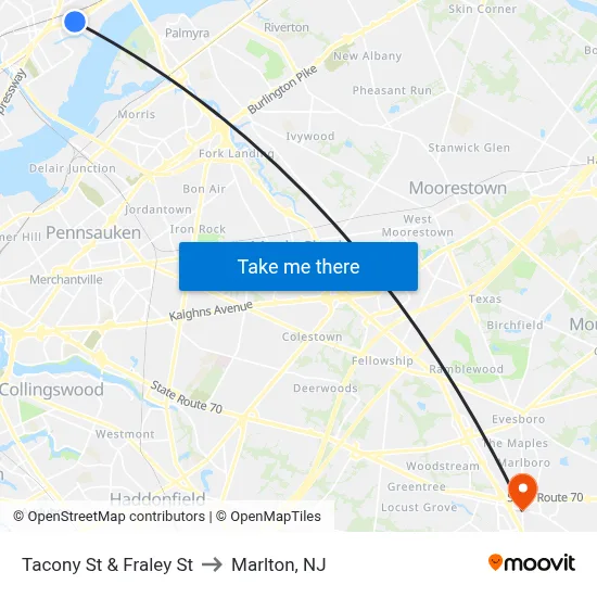 Tacony St & Fraley St to Marlton, NJ map