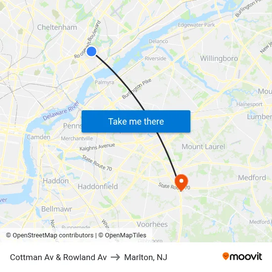 Cottman Av & Rowland Av to Marlton, NJ map