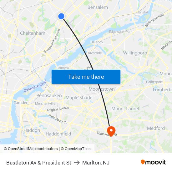 Bustleton Av & President St to Marlton, NJ map