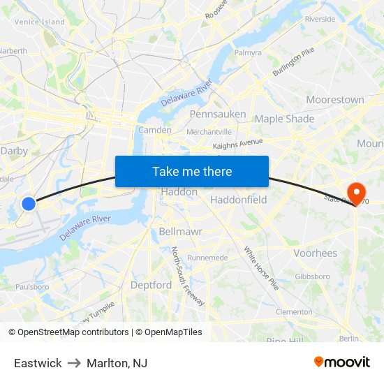 Eastwick to Marlton, NJ map