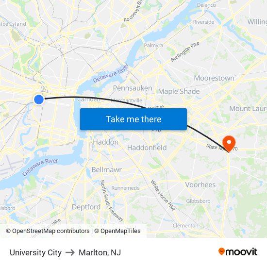 University City to Marlton, NJ map